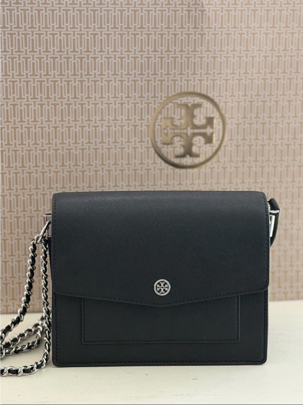 Tory Burch Robinson Convertible Shoulder Bag Black Silver Logo NWT